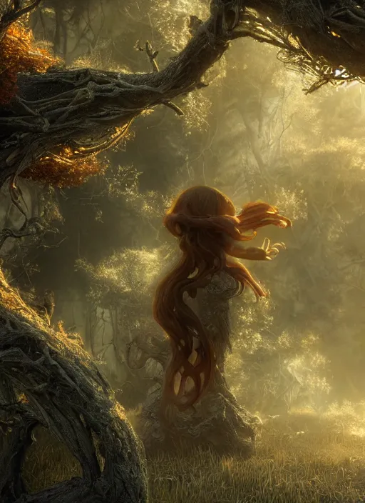 Image similar to preschool - nebular biomechanical incredible hair, crystalline masterpiece incrustations, hyperdetailed face, childrens textless storybook illustration, elegant pose, movie still, intricate, octane render, cinematic forest lighting, cgsociety, unreal engine, crepuscular rays, god rays, caustic shadows lighting,