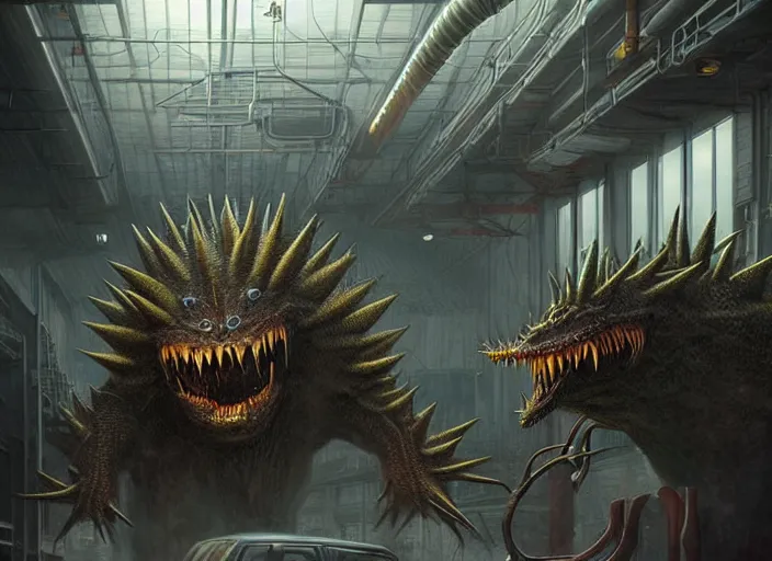 Image similar to scene inside a gas station with harsh industrial lighting, giant monstrous aggressive spiked creature screaming at the camera, epic science fiction horror digital matte painting by Moebius and Mark Brooks (and Greg Rutkowski), extremely detailed, artstation