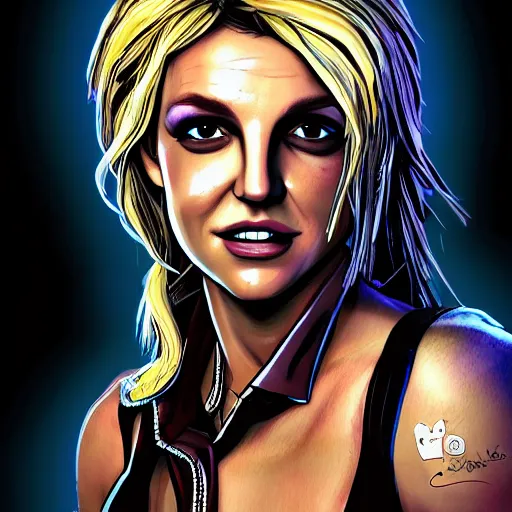 Prompt: britney spears portrait, borderlands, tales from the borderlands, the wolf among us, comic, cinematic lighting, studio quality, 8 k