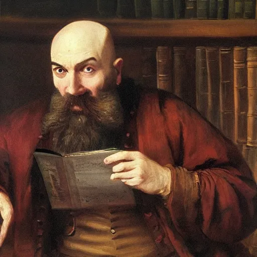 Prompt: painting of bald man with brown beard and vibrant blue eyes sitting in a dark library by Jan Matejko