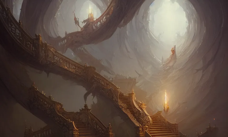 Prompt: the magnificent staircase to heaven, art by greg rutkowski and peter mohrbacher, featured in artstation, octane render, cinematic, elegant, intricate, highly detailed, fantasy, concept art, sharp focus, illustration, 8 k