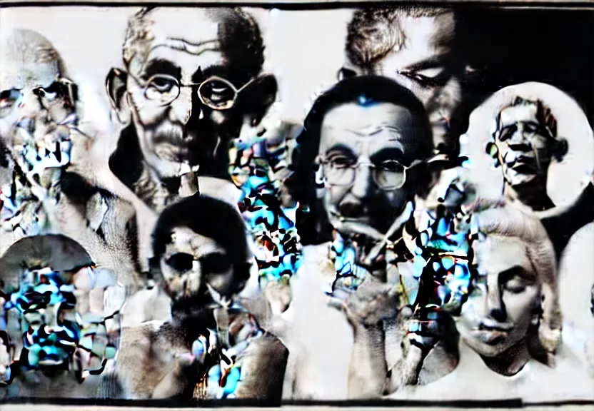 Image similar to Gandhi , Obama, Jesus, And Lady GaGa sharing a joint smoking in a circle, photograph credit: AP, Andy Warhol, photograph, by Beeple