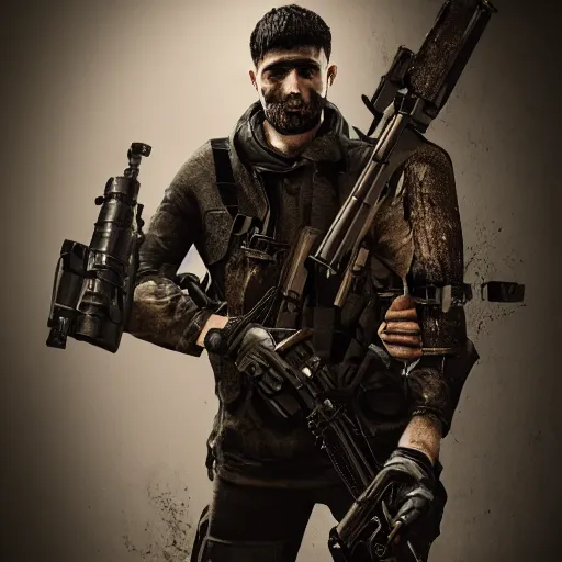 Prompt: paranoid man hiding holding a sniper rifle, ultra realistic, digital art, gothic, rich deep colors, smooth shadows, high resolution, cinematic, unreal