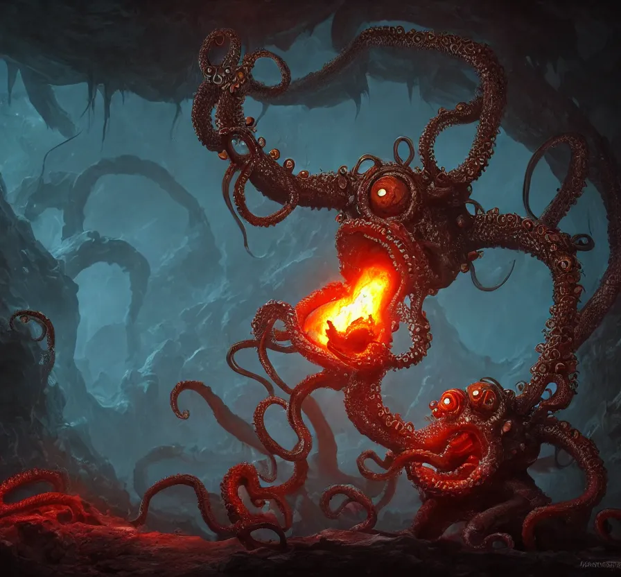 Image similar to beholder + d & d + tentacles + creature in dark cave, hd, hdr, ue 5, ue 6, unreal engine 5, cinematic 4 k wallpaper, 8 k, ultra detailed, by popular digital, artstation