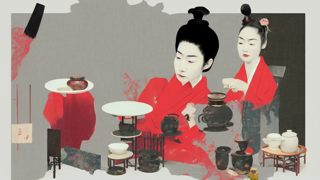 Image similar to a small tea ceremony, japan, a collage painting, in the style of wes anderson, lola dupre, david hockney, isolated on negative white space background dark monochrome neon spraypaint accents volumetric octane render