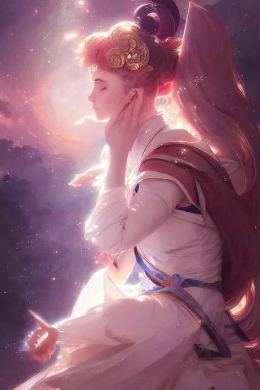 Image similar to Sailor Moon, fantasy, intricate, elegant, highly detailed, digital painting, artstation, concept art, matte, sharp focus, illustration, art by Artgerm and Greg Rutkowski and Alphonse Mucha