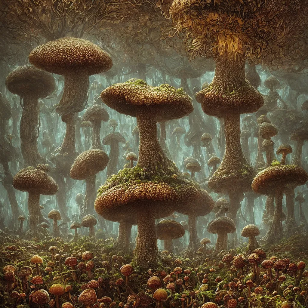 Image similar to the big mushroom, a beautiful hyper realistic detailed concept art of a fractal eldritch and fascinating mushroom forest with morels and reishi spores plethora by andreas rocha and john howe and dan mumford and albert bierstadt, nausicaa, sharp detail, cinematic, medieval veduta, ultrawide angle, artstation, pinterest