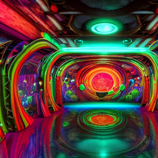 Image similar to underground cinema, realistic architecture, colorfull lights, octane render, 4k, 8k, fractals, psychedelic