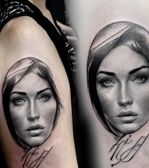 Image similar to realistic tattoo sketch of a megan fox face double exposure mountain scenery, in the style of matteo pasqualin, amazing detail, sharp, faded