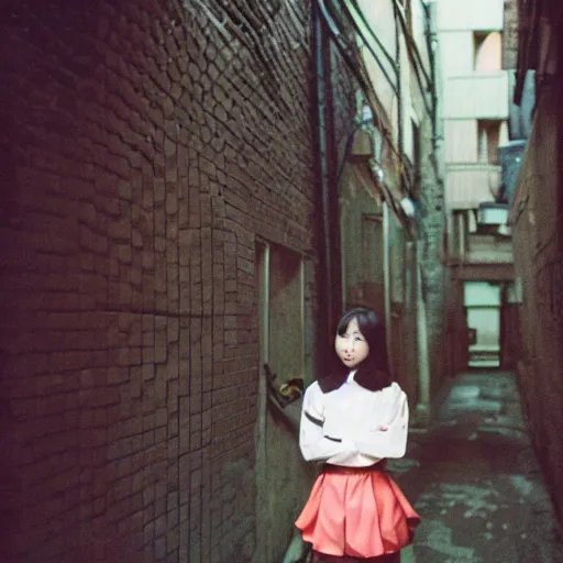 Image similar to a perfect 8K HD professional photo of close-up japanese schoolgirl posing in sci-fi dystopian alleyway, at instagram, Behance, Adobe Lightroom, with instagram filters, taken with polaroid kodak portra