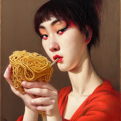 Prompt: girl eating ramen, portrait face, colorful, frantisek kupka, intricate, miles johnston, kuroda seiki, cynical realism, ozabu, john william godward, painterly, yoshitaka amano, moebius, miles johnston, louise zhang, james jean, mark ryden lowbrow pop surrealism art style