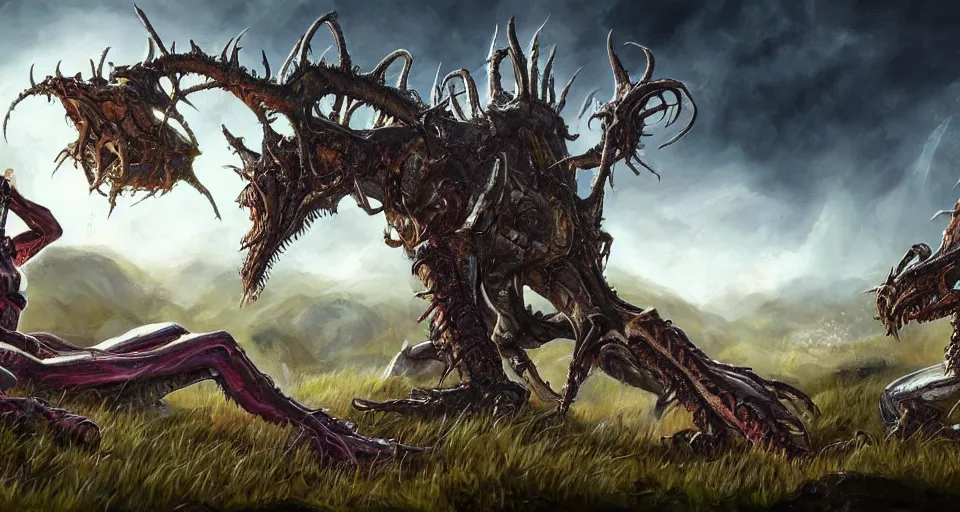 Image similar to a painting of Kerrigan and a hydralisk on a hill, a screenshot by Zack Snyder, behance contest winner, starcraft, concert poster, behance hd, movie poster,