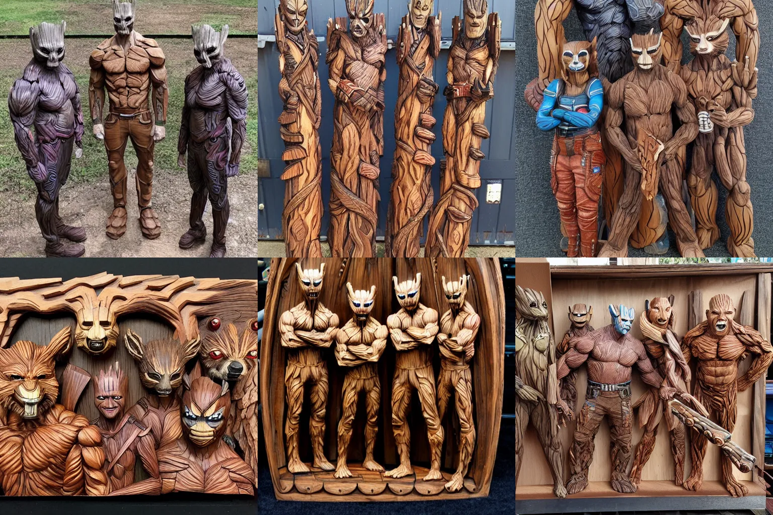 Prompt: wood carving of the guardians of the galaxy, highly detailed, life-sized