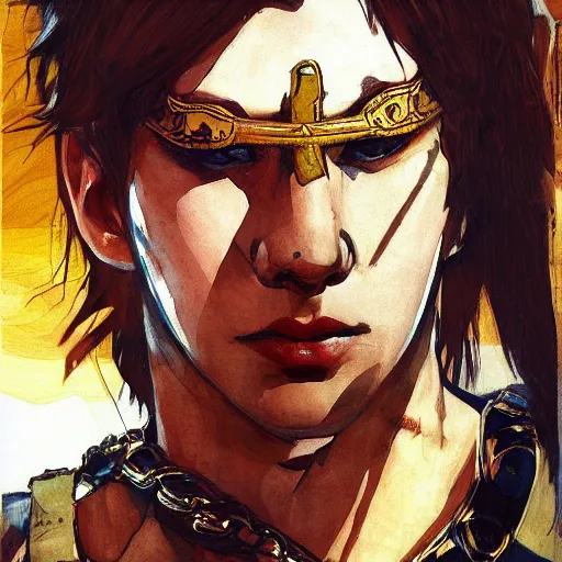 Image similar to portrait of a young white hero using his right arm to hold his sword covering his eye by yoji shinkawa, high quality, extra details, realism, ornate, colored, golden chain, blood, white skin, short hair, brown eyes, vivid, sunlight, headband, eyepatch, white american soldier, painting, cybernetics, military