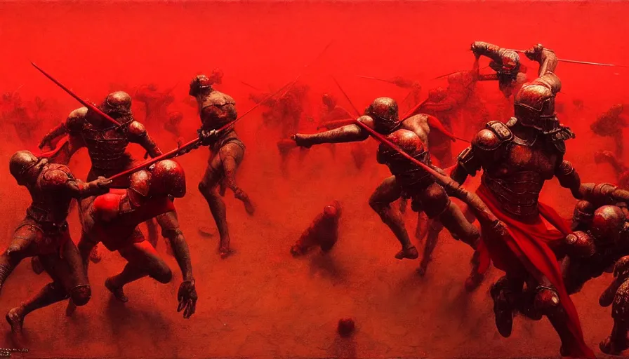 Image similar to only with red, bloody armored gladiator battle in a crowded roman amphitheatre, crowd cheering, in the style of beksinski and edward hopper and rodcenko and yue minjun and greg rutkowski, intricate and epic composition, red by caravaggio, highly detailed, masterpiece, red light, artstation, art nouveau