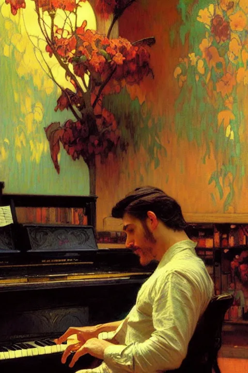 Prompt: attractive man playing piano, cool colors, painting by gaston bussiere, craig mullins, greg rutkowski, alphonse mucha