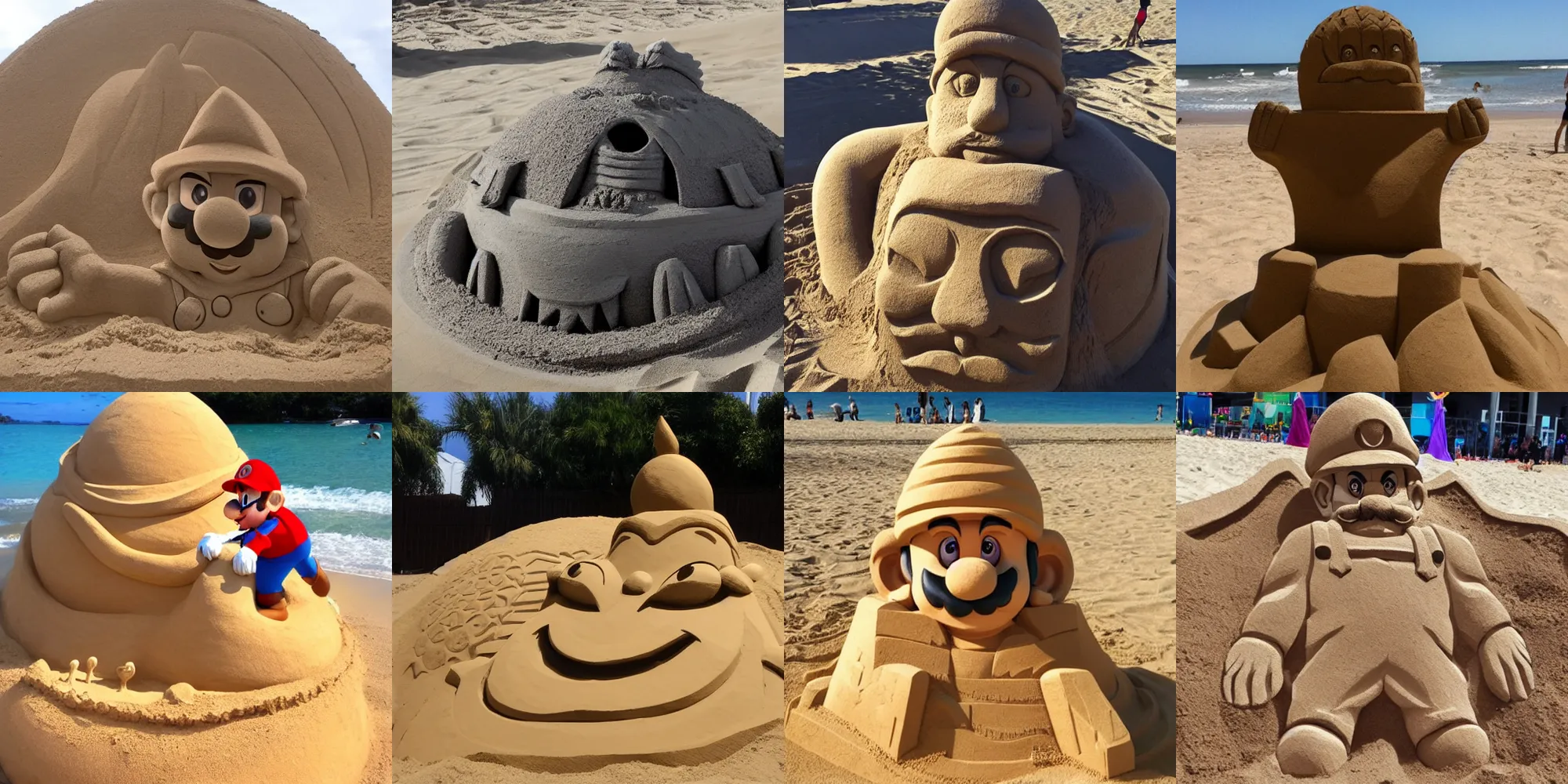 Prompt: sand sculpture of mario