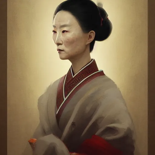 Prompt: A portrait of a Chinese old beauty, ancient art, art by greg rutkowski, matte painting, trending on art station