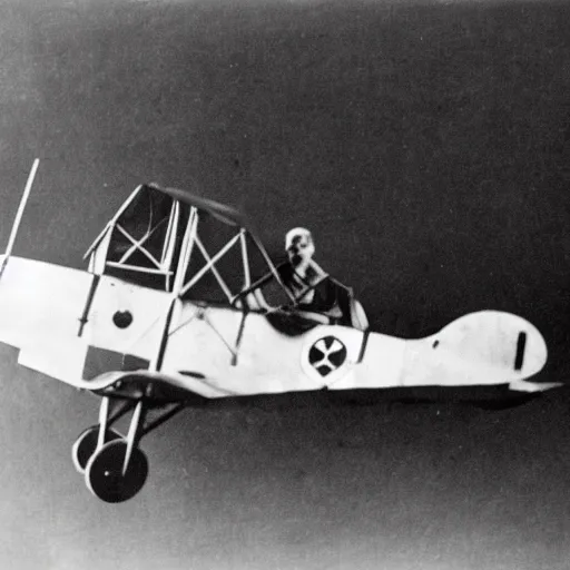 Prompt: a grainy black and white photograph of a rabbit flying a sopwith camel