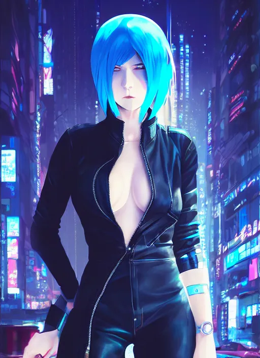 Prompt: hyper realistic photograph portrait of cyberpunk pretty girl with blue hair, wearing a full leather outfit, holding a whip, in city street at night, by makoto shinkai, ilya kuvshinov, lois van baarle, rossdraws, basquiat