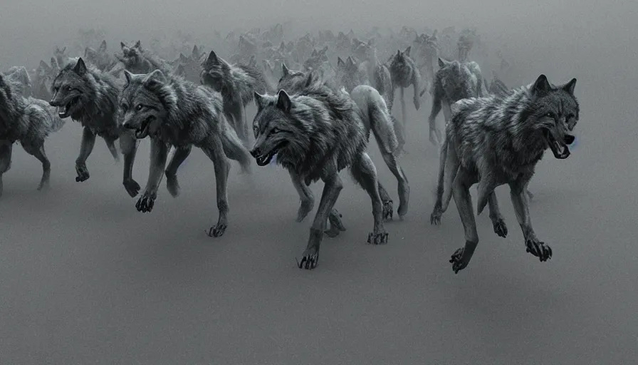 Image similar to pack of wolves running away from big mechs in style of Zdzislaw Beksinski