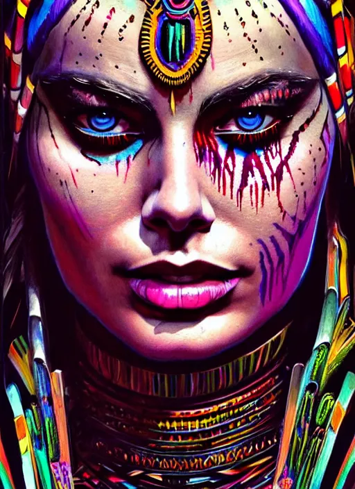 Image similar to portrait of margot robbie, hyper detailed ultra sharp aztec shaman warrior. trending on artstation, warpaint aesthetic, bloodwave, colorful, psychedelic, ornate, intricate, digital painting, concept art, smooth, sharp focus, illustration, art by artgerm and greg rutkowski and h. r. giger, 8 k