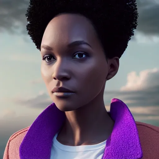 Image similar to black woman, hairstyle = short bob!!!, hair colour = light grey!!!, eyes = purple, wearing dark green bomber jacket, realistic 4 k octane beautifully detailed render, 4 k post - processing, highly detailed, intricate complexity, epic composition, magical atmosphere, cinematic lighting, masterpiece, ultra hd