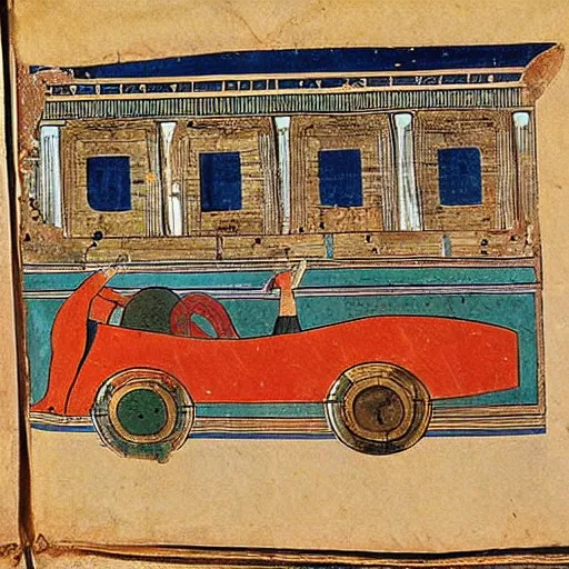 Image similar to ancient greek manuscript with pictures of cars