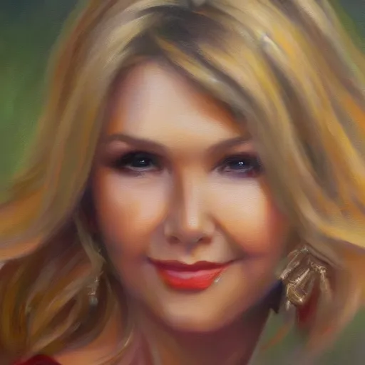 Image similar to closeup portrait of olivia newton john in the music video hopelessly devoted to you, evening, highly detailed oil painting, vladimir volegov, artstation