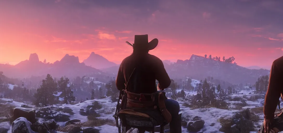 Prompt: Arthur Morgan from Red Dead Redemption 2 sitting at the top of a rocky mountain looking at a beautiful sunrise in the distance