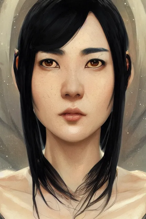 Image similar to science-fiction character portrait of Nakamura Aya, black hair cut in a bob, perfect facial features, highly detailed, digital painting, artstation, upper body, concept art, smooth, sharp focus, illustration, art by artgerm and greg rutkowski and alphonse mucha