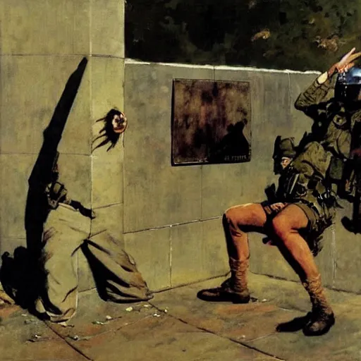 Prompt: A crouching soldier stares in terror at a mocking woman, by Robert McGinnis.