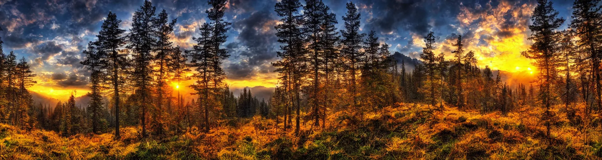 Prompt: beautiful forest mountain landscape with a majestic sunrise, art, high detail, high definition, photorealistic, hdr,