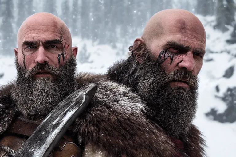 Image similar to vfx movie tough bald man in furs, natural grizzled skin, streaks of red face paint grey beard, dual wielding detailed viking war axes, in snowy tahoe, god of war by emmanuel lubezki