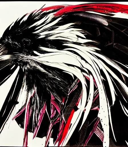 Image similar to Yoji Sinkawa's 'a raven at night', ink and colours on silk, trending on pixiv, HD, detailed, full width, monochrome