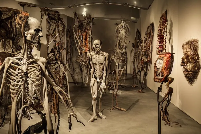 Image similar to inside a museum, a room where anatomical body parts are piece of arts by Rob Bottin at night, filth and grim, very detailed, ultra realistic photography, grainy image