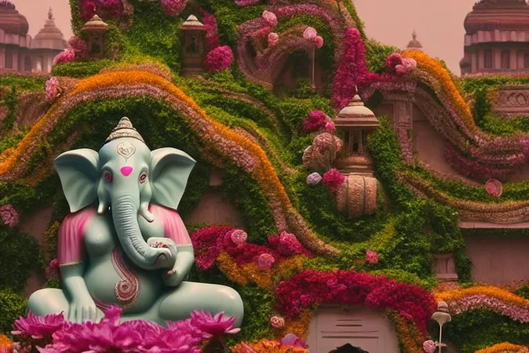 Image similar to beautiful dreamy! biomorphic new delhi, ganesha!! building, kalighat flowers, octane highly detailed cinematic, stephen shore & john j. park, soft morning light, wide shot, aerial shot, uhd 8 k, shallow depth of field