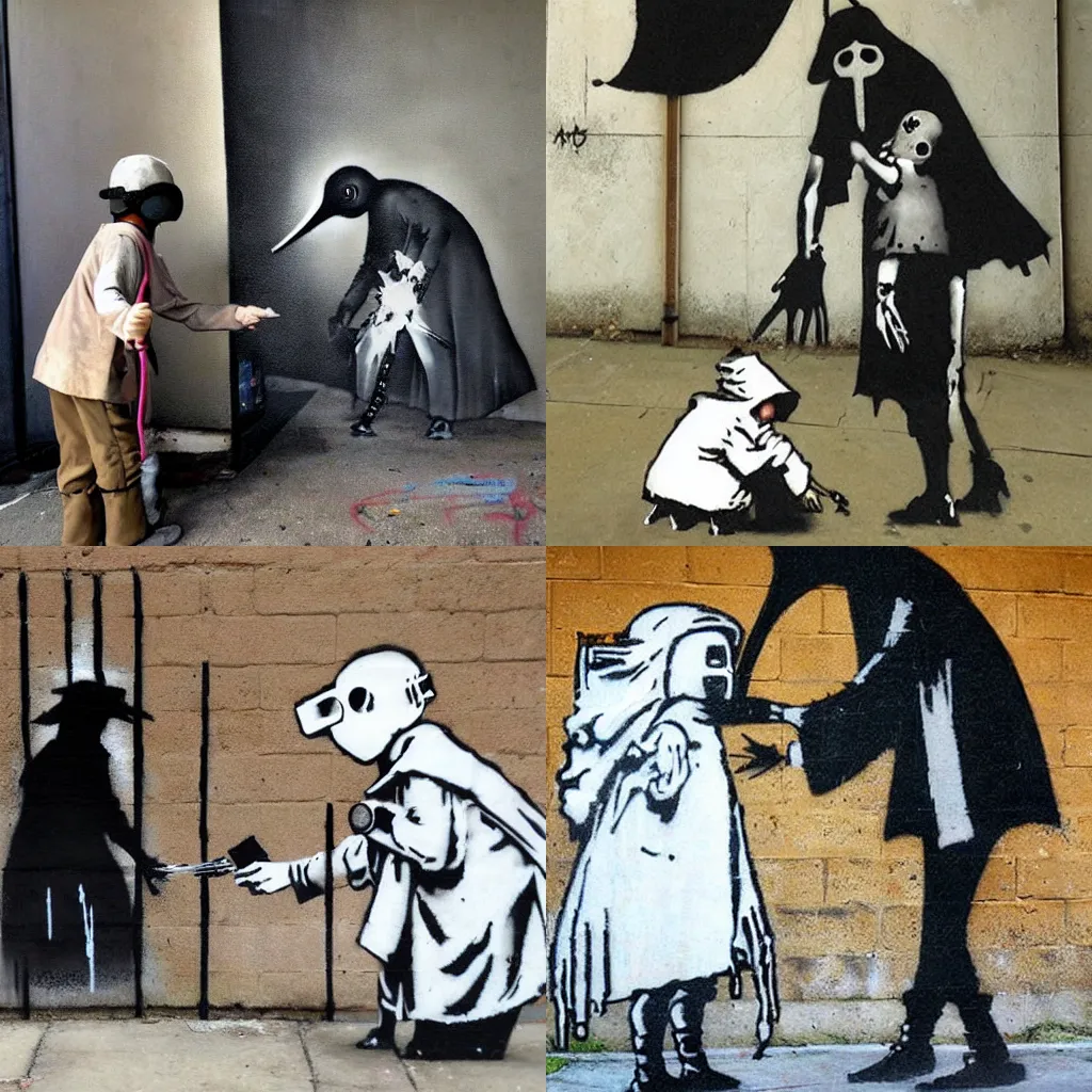 Prompt: graffiti by Banksy, plague doctor giving medicine to a child