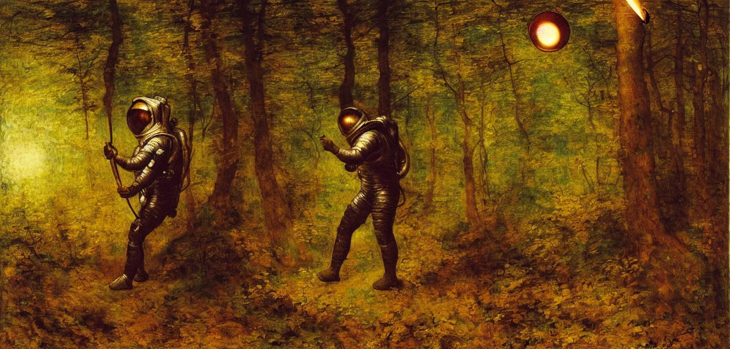 Image similar to an astronaut is in the woods, holding a torch ， by george frederick watts 1 8 8 6