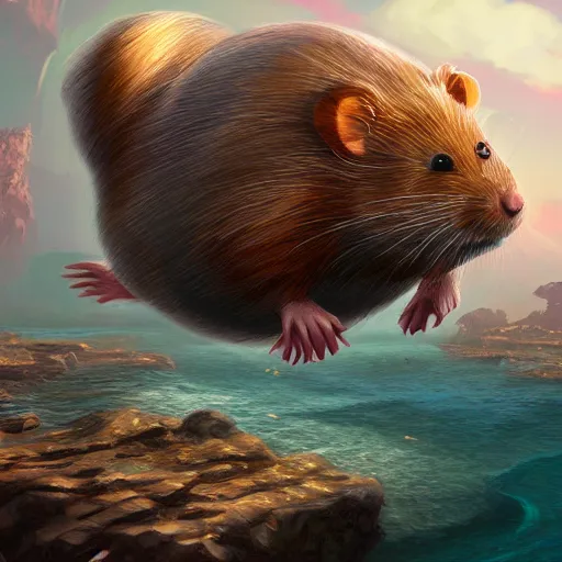 Image similar to giant hamster in the middle of the sea, fantasy art, illustration, epic, fantasy, intricate, hyper detailed, artstation, concept art, smooth, sharp focus, ray tracing