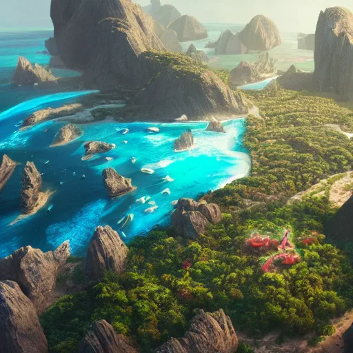 Prompt: a tropical archipelago of three large islands surrounded by a ring of other islands and mountains, fantasy art, cinematic volume lighting, 4k, illustration, epic scene, trending on artstation, art by Sebastian Luca