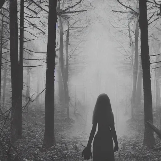 Prompt: A young woman stands in the middle of a dark and eerie forest, her heart racing as she hears the sound of twigs snapping, leaves rustling, and something watching her from the shadows.