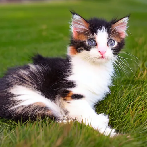 Prompt: cute [[fluffy]] calico kitten outside in the front yard grass at sunset on a beautiful summer day, ocean in the distance, highly detailed