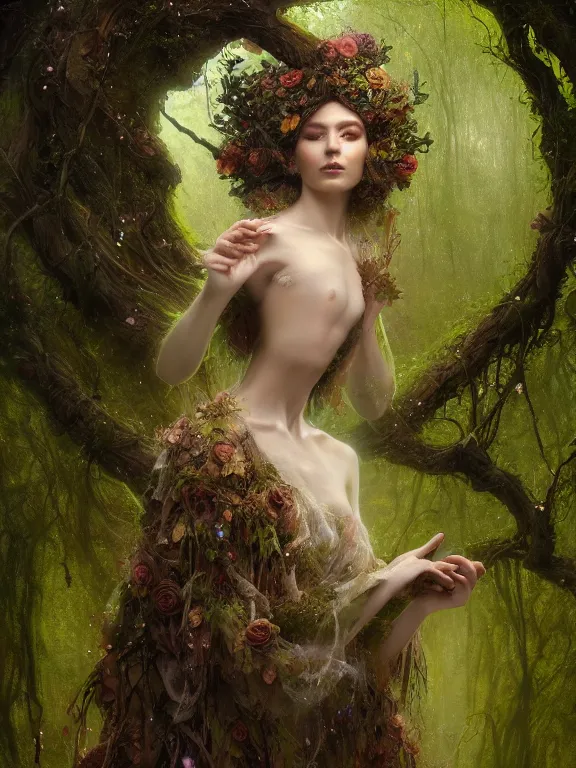 Image similar to Full View Portrait Mystical ethereal woodland deity wearing beautiful dress, Oak Dryad made of vines tree bark moss beautiful dress, 4k digital masterpiece by Greg Rutkowski and Ruan Jia and Tom bagshaw, Alberto Seveso, fantasycore, Hyperdetailed, realistic oil on linen, soft lighting, kush background, featured on Artstation, textured, stylized, intricate details