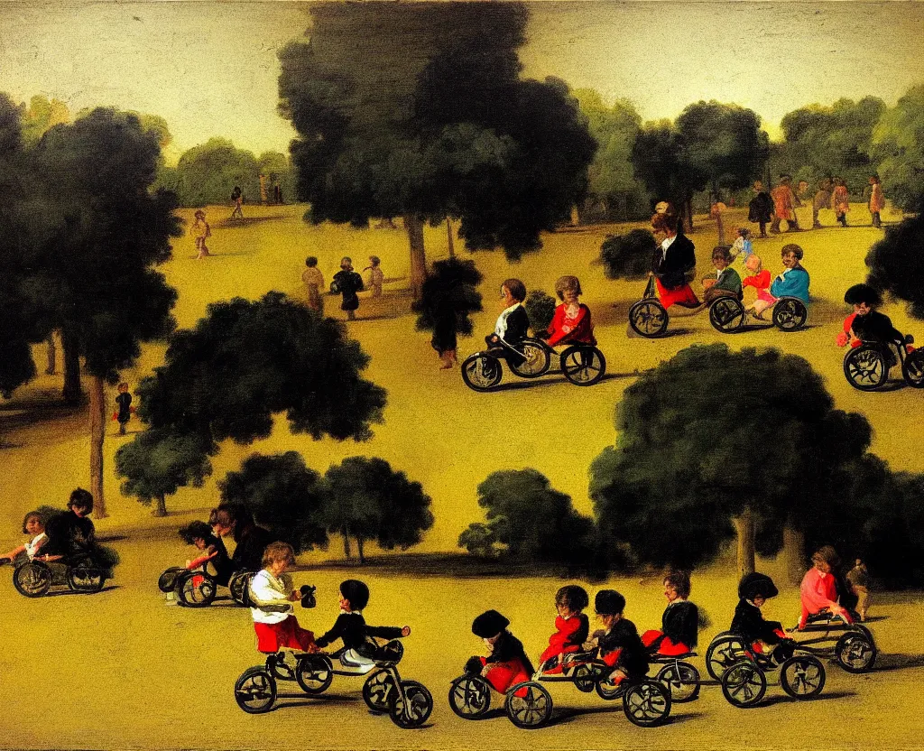 Image similar to children riding tricycles in the park, in the style of francisco goya's black paintings