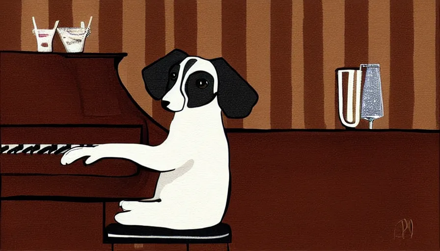 Prompt: brown and white sprocker , sat down playing a piano.at a bar. Martini on the side, illustration. Artwork.