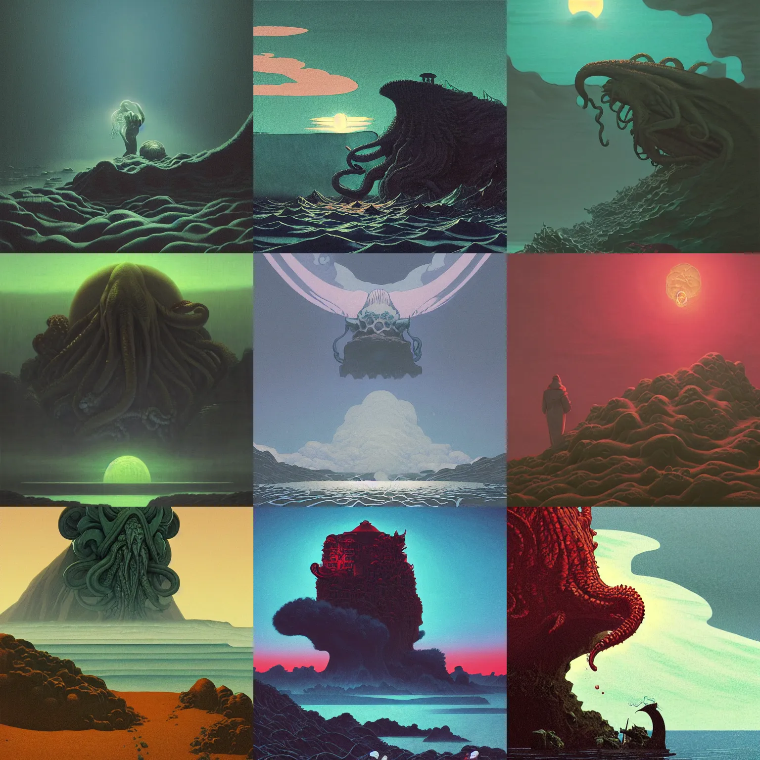 Prompt: Cthulhu destroying the earth by kawase hasui, moebius, Edward Hopper and James Gilleard, Zdzislaw Beksinski, Steven Outram, 8k, volumetric lighting, artstation