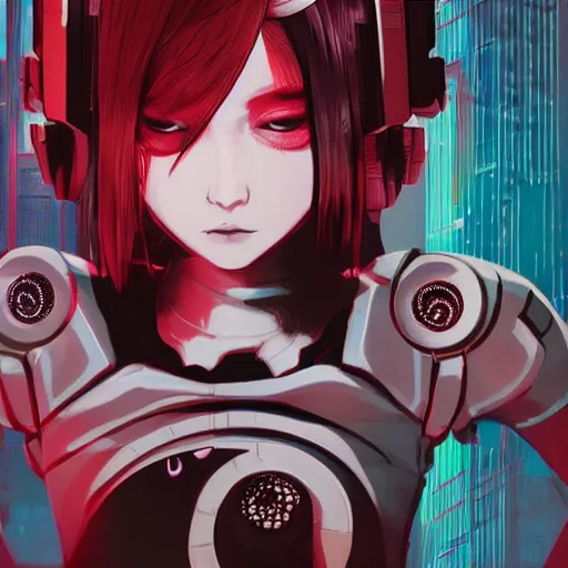 Prompt: Frequency indie album cover, luxury advertisement, red and black and white colors. highly detailed post-cyberpunk sci-fi close-up cyborg assassin schoolgirl in asian city in style of cytus and deemo, mysterious vibes, by Ilya Kuvshinov, by Greg Tocchini, nier:automata, set in half-life 2, beautiful with eerie vibes, very inspirational, very stylish, with gradients, surrealistic, dystopia, postapocalyptic vibes, depth of filed, mist, rich cinematic atmosphere, perfect digital art, mystical journey in strange world, beautiful dramatic dark moody tones and studio lighting, shadows, bastion game, arthouse