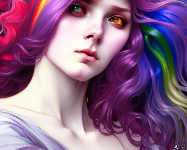 Image similar to overlord, rainbow hair, portrait, highly detailed, deep focus, elegant, digital painting, smooth, sharp focus, illustration, ultra realistic, 8 k, art by artgerm and alphonse mucha and edgar maxence