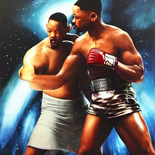 Image similar to will smith fighting a giant will smith visually stunning, cinematic, ultra realistic, hyper realism, 1 2 k, epic